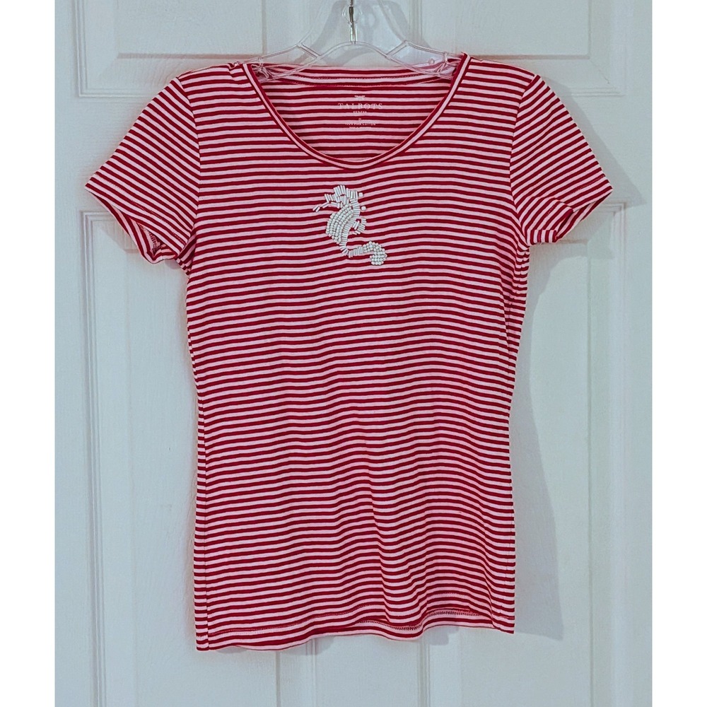 Talbots Petites Red White Striped Sequin Seahorse Nautical TShirt‎ Size P - Picture 2 of 8